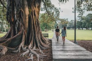 woman looking up at tree in nature