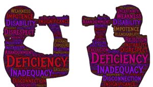 Two people looking at each other with words of doubt written on them _ imposter syndrome